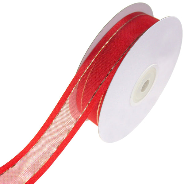 Gold-Lined Satin Edge Organza Ribbon, Red, 7/8-Inch, 25-Yard