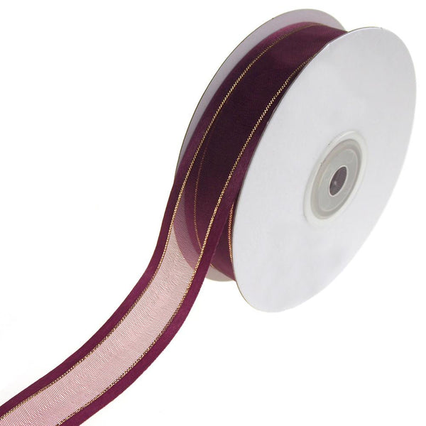 Gold-Lined Satin Edge Organza Ribbon, Wine, 7/8-Inch, 25-Yard