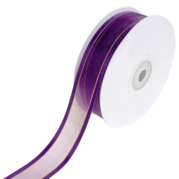 Gold-Lined Satin Edge Organza Ribbon, Plum, 7/8-Inch, 25-Yard