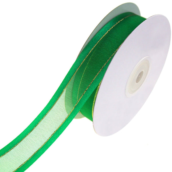 Gold-Lined Satin Edge Organza Ribbon, Emerald, 7/8-Inch, 25-Yard