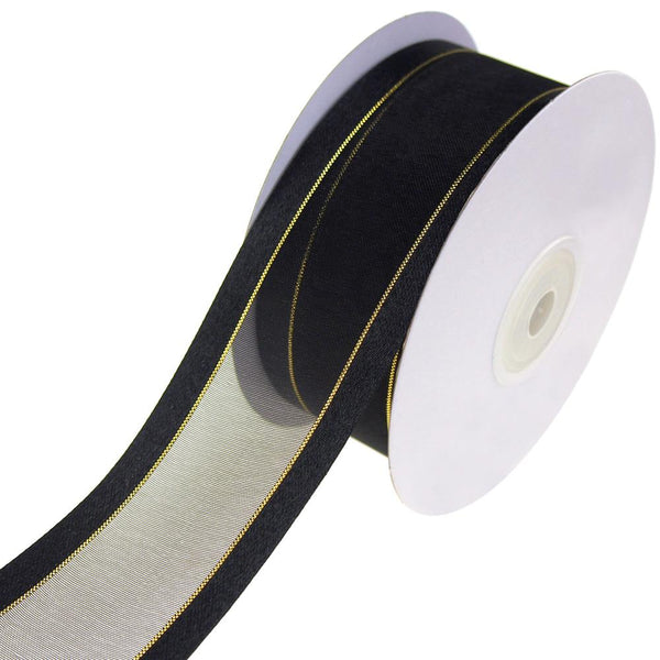 Gold-Lined Satin Edge Organza Ribbon, Black, 1-1/2-Inch, 25-Yard