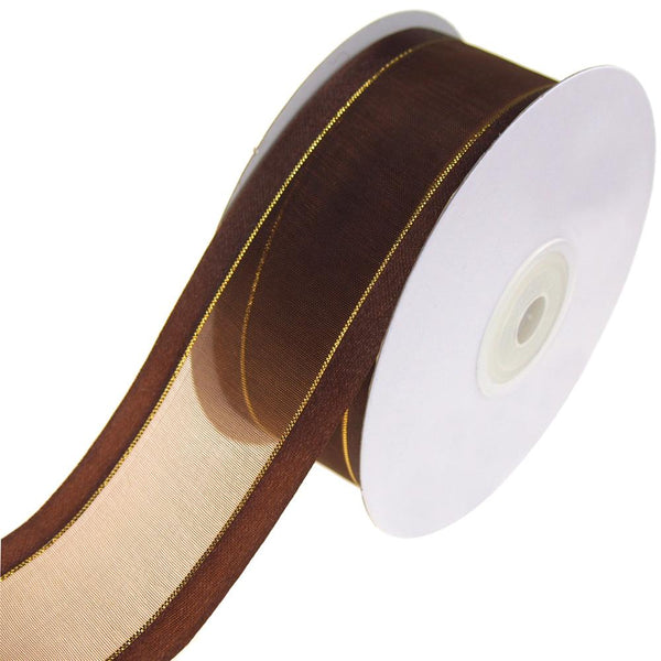 Gold-Lined Satin Edge Organza Ribbon, Brown, 1-1/2-Inch, 25-Yard