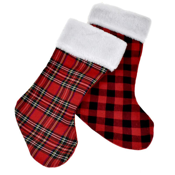 Plush Cuffed Plaid Buffalo Checkered Christmas Stockings, 17-Inch, 2-Piece