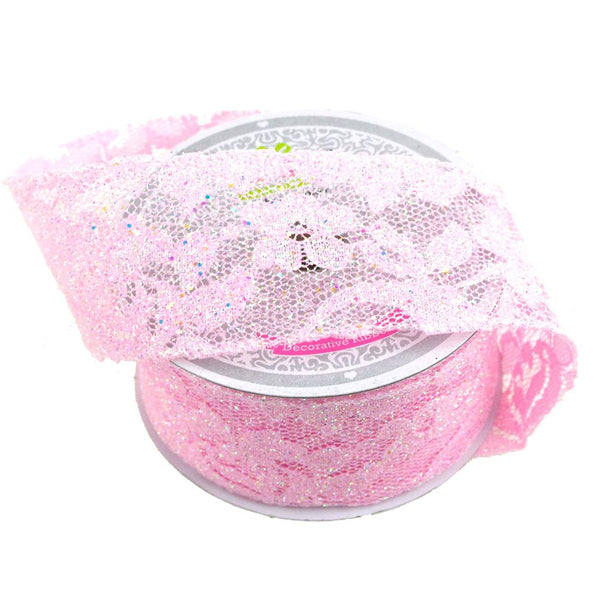 Floral Lace Trim Ribbon with Glitters, 2-Inch, 10 Yards, Pink