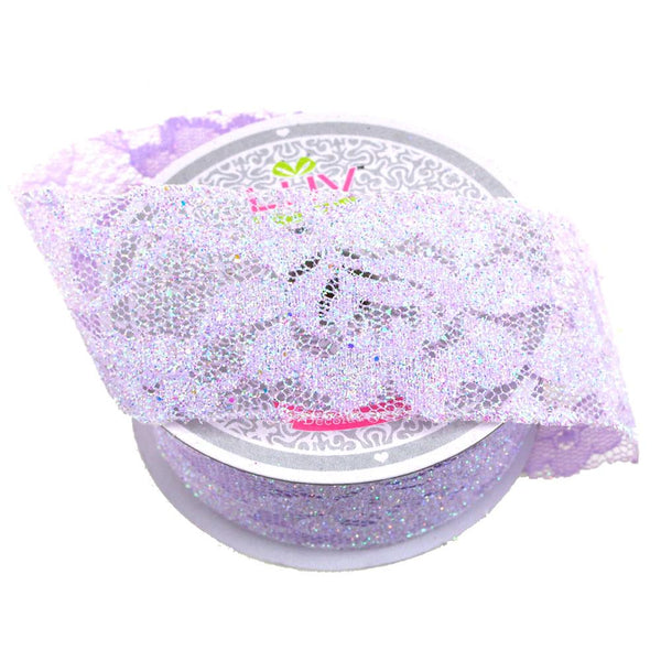 Floral Lace Trim Ribbon with Glitters, 2-Inch, 10 Yards, Lavender