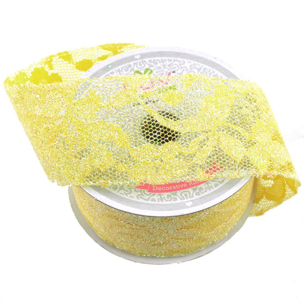 Floral Lace Trim Ribbon with Glitters, 2-Inch, 10 Yards, Canary Yellow