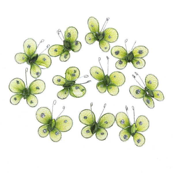 Organza Nylon Glitter Butterflies, 1-inch, 12-Piece, Moss Green