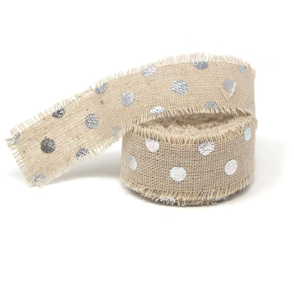 Fringed Linen Ribbon with Metallic Dots, 1-Inch, 5-Yard, Silver