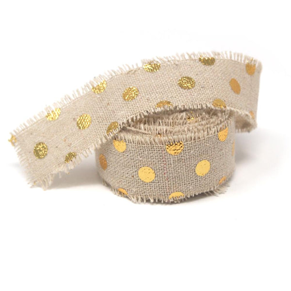 Fringed Linen Ribbon with Metallic Dots, 1-Inch, 5-Yard, Gold