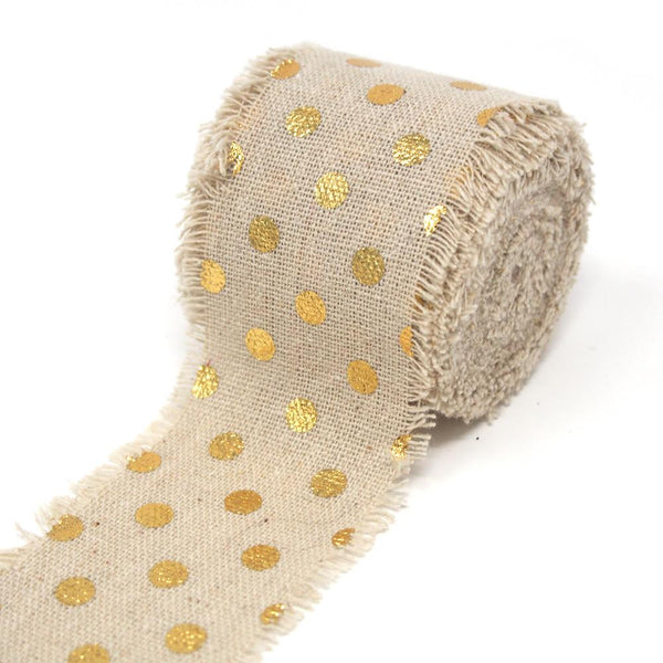 Fringed Linen Ribbon with Metallic Dots, 2-Inch, 5-Yard, Gold