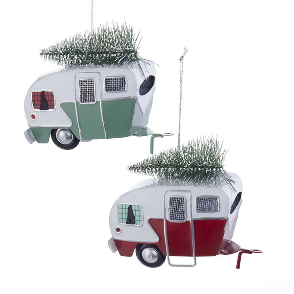 Metal Camper with Christmas Tree Ornament, Red/Green, 4-Inch, 2-Piece