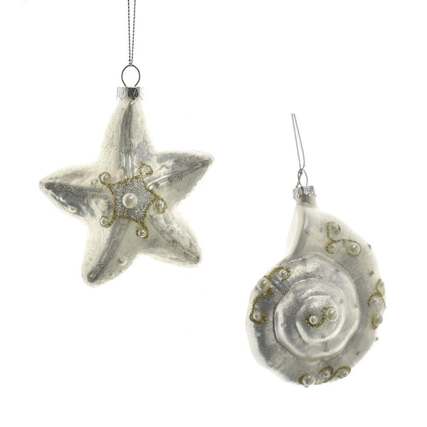 Starfish and Seashell Glass Ornaments, Silver/Gold, 2-Piece