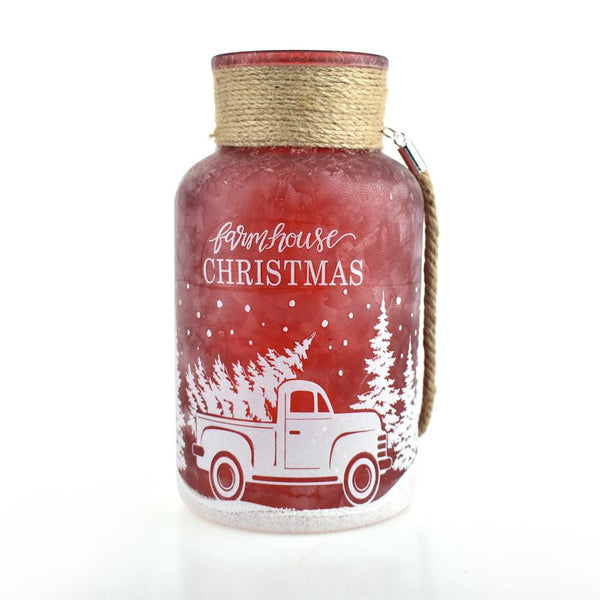 Farmhouse Christmas Frosted Glass Jar, Red, 10-Inch