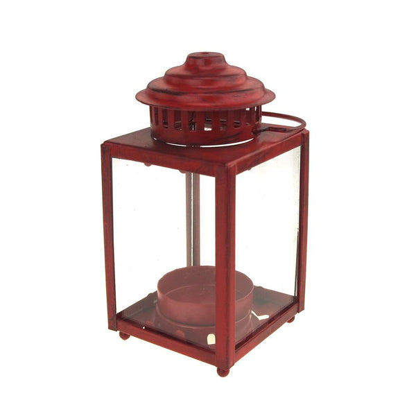 Mini Square Base Tea Light Lantern, Red, 5-Inch