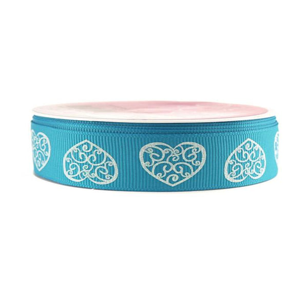 Glitter Swirl Heart Grosgrain Ribbon, 7/8-inch, 4-yard, Turquoise