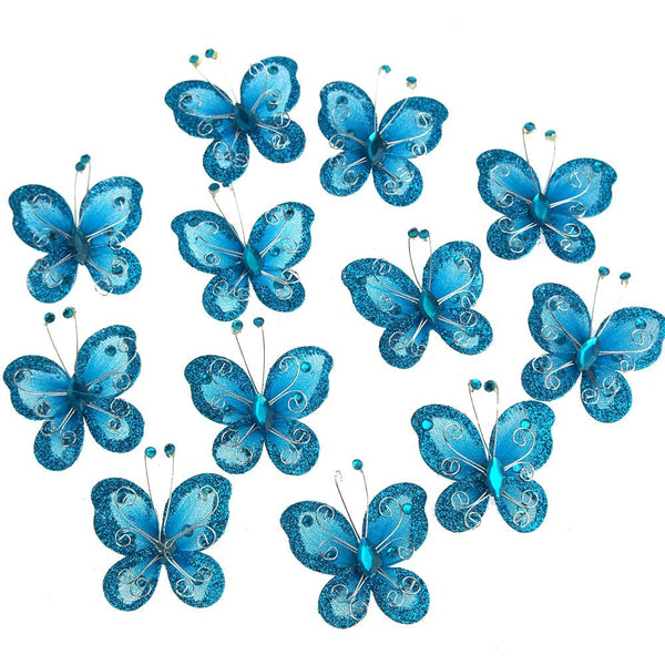 Organza Nylon Glitter Butterflies, 2-inch, 12-Piece, Turquoise