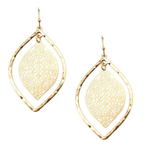 Leaf Design Filigree Earrings, Gold, 1-3/4-Inch