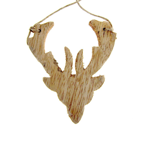 Hanging Distressed Reindeer Head Wooden Christmas Ornament, Natural, 3-3/4-Inch