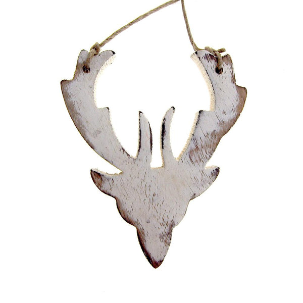 Hanging Distressed Reindeer Head Wooden Christmas Ornament, White, 3-3/4-Inch