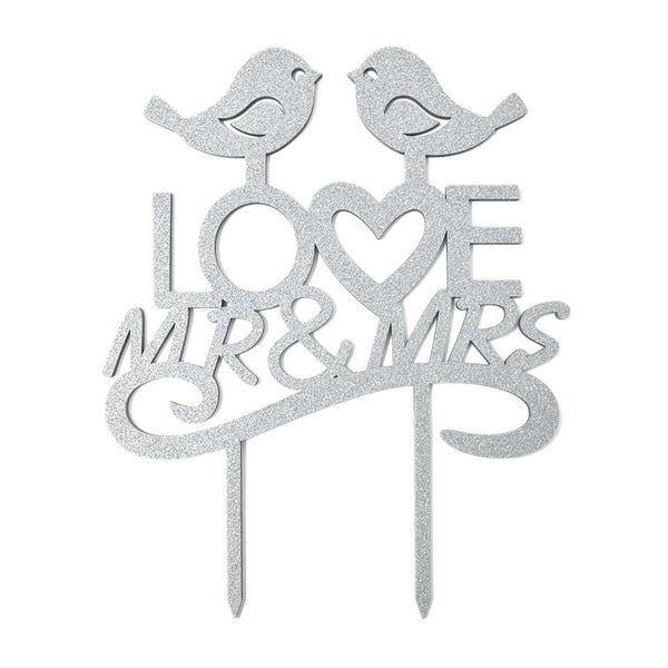 Mr. & Mrs. Love Birds Glitter Wedding Cake Topper, 7-1/2-Inch, Silver