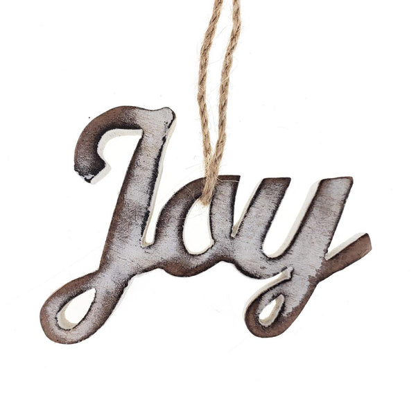 Wooden "Joy" Christmas Tree Ornament, Whitewash, 3-Inch