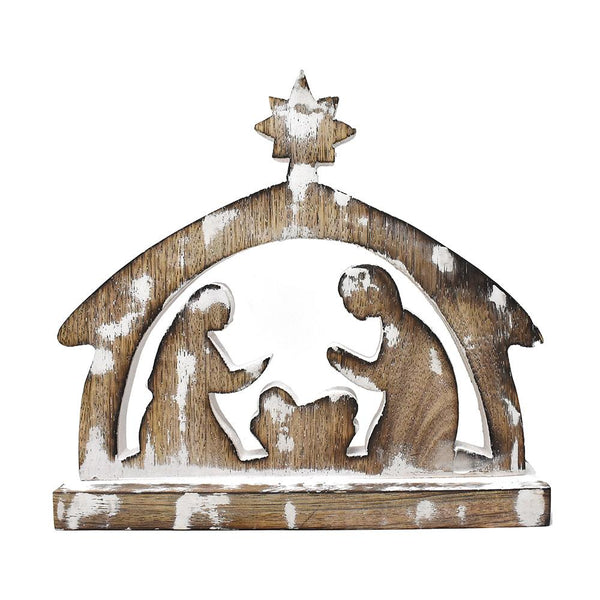 Wooden Nativity Scene Decoration, White Wash, 8-1/2-Inch