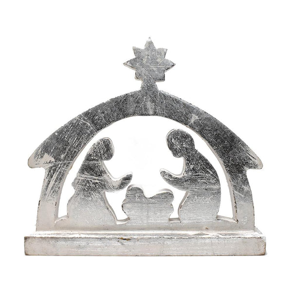 Wooden Nativity Scene Decoration, Silver, 8-1/2-Inch