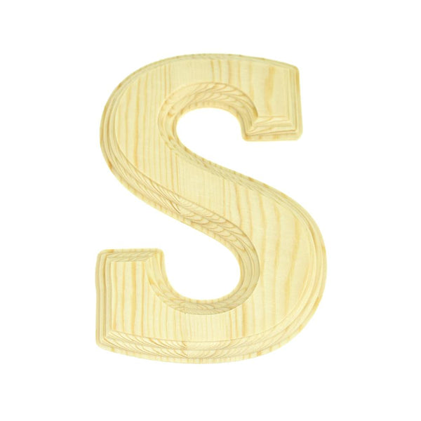 Pine Wood Beveled Wooden Letter S, Natural, 5-13/16-Inch