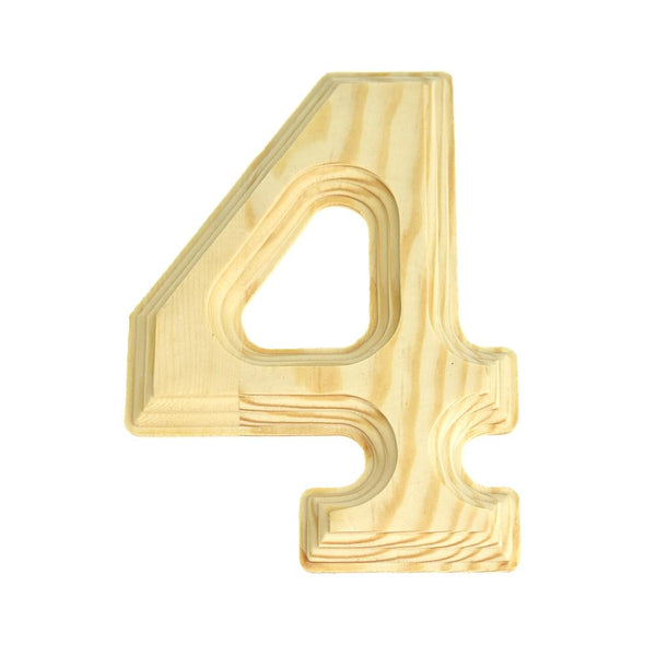 Pine Wood Beveled Wooden Number 4, Natural, 5-13/16-Inch