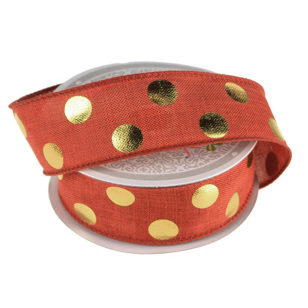 Metallic Dots Wired Canvas Ribbon, 1-1/2-Inch, 10 Yards, Red/Gold