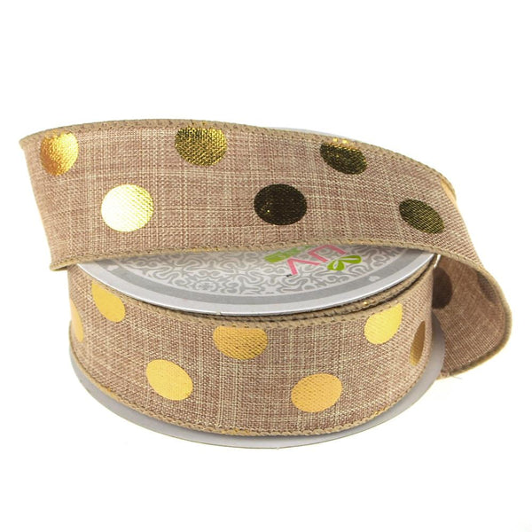 Metallic Dots Wired Canvas Ribbon, 1-1/2-Inch, 10 Yards, Toffee/Gold