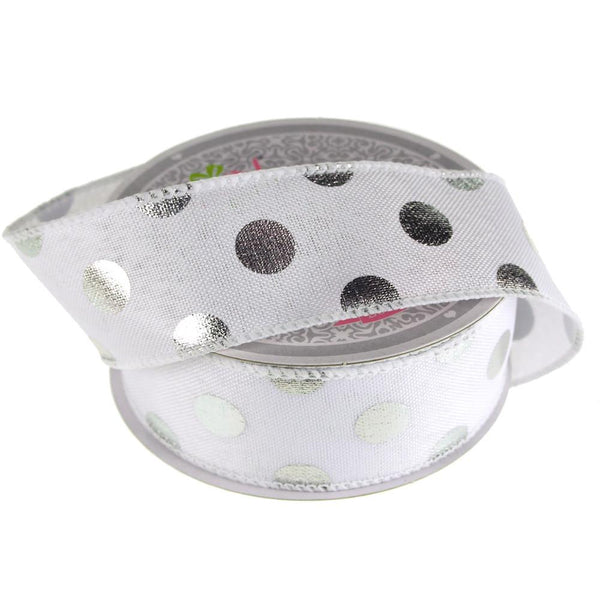 Metallic Dots Wired Canvas Ribbon, 1-1/2-Inch, 10 Yards, White/Silver