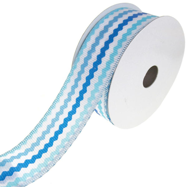 Colorful Ric Rac Printed Wired Ribbon, Blue, 1-1/2-Inch, 10-Yard