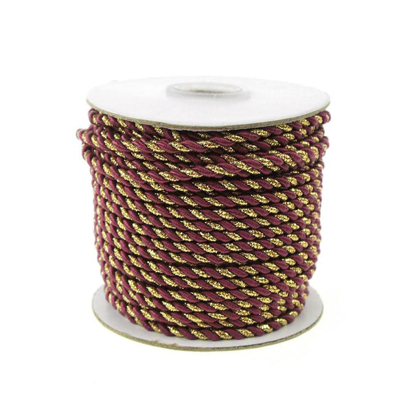 Gold Trim Twisted Cord Rope 2 Ply, 3mm, 25 Yards, Wine