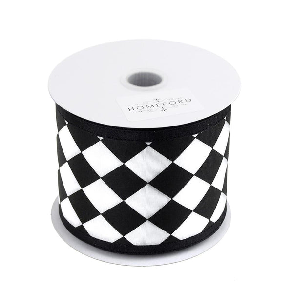 Harlequin Diamond Polyester Ribbon Wired Edge, 2-1/2-Inch, 10 Yards, Black/White