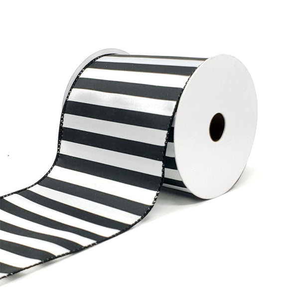 Christmas Stripes Satin Wired Edge Ribbon, 4-Inch, 10-Yard, Black/White