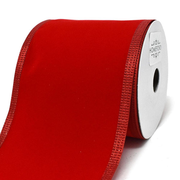 Red Velvet Metallic-Colored Trim Wired Ribbon, Red, 4-Inch, 10-Yard