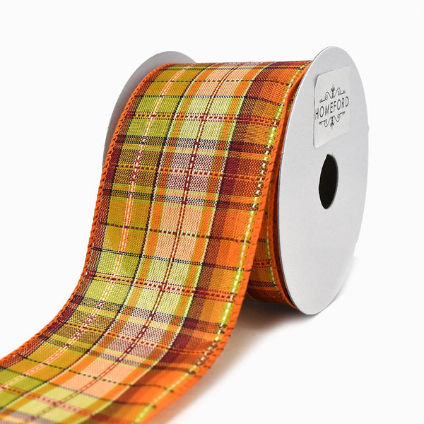 Orange/Green Fall Plaid Pattern Wired Ribbon, 2-1/2-Inch, 10-Yard