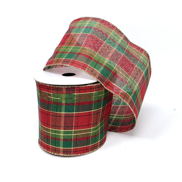 Christmas Classic Metallic Plaid Wired Edge Ribbon, 4-Inch, 10-Yard, Red/Green/Gold