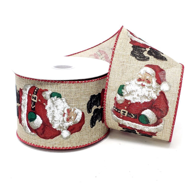 Christmas Happy Santa Linen Ribbon, 2-1/2-Inch, 10-Yard, Natural