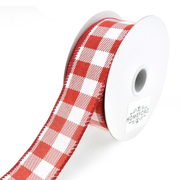 Printed Gingham Patterned Wired Ribbon, Red, 1-1/2-Inch, 10-Yard