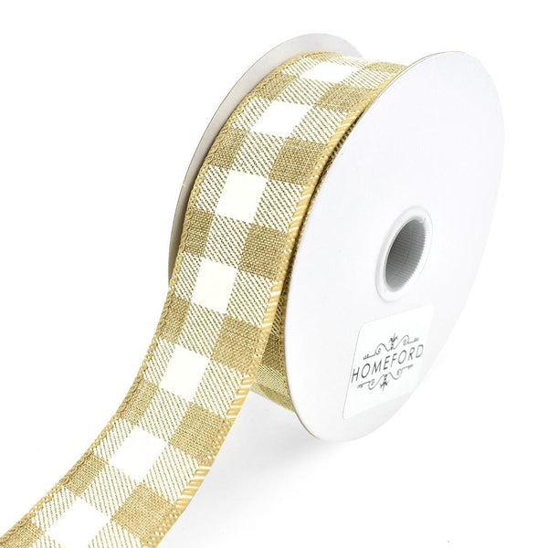 Printed Gingham Patterned Wired Ribbon, Natural, 1-1/2-Inch, 10-Yard