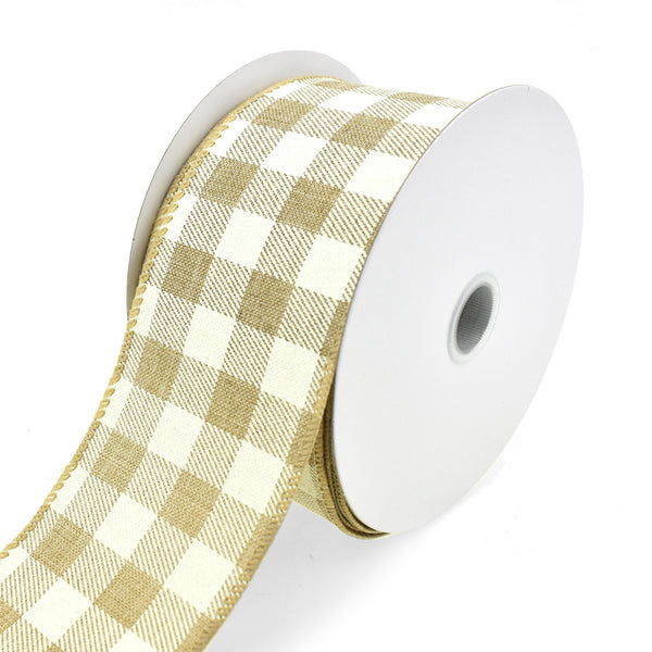 Printed Gingham Patterned Wired Ribbon, Natural, 2-1/2-Inch, 10-Yard