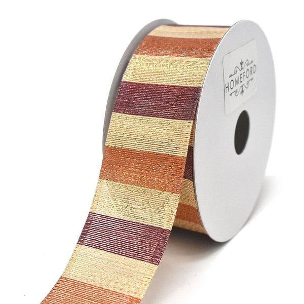 Shiny Metallic Stripes Wired Ribbon, Gold/Burgundy/Orange, 1-1/2-Inch, 10-Yard