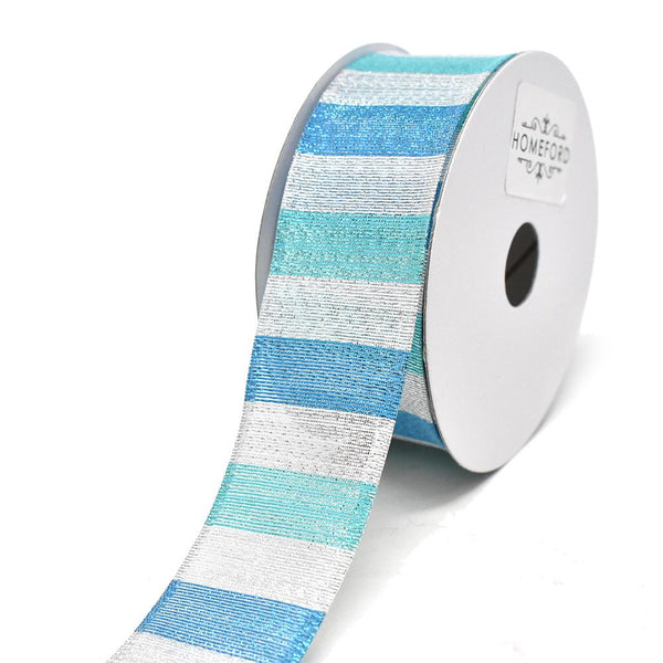 Shiny Metallic Stripes Wired Ribbon, Silver/Aqua/Turquoise, 1-1/2-Inch, 10-Yard