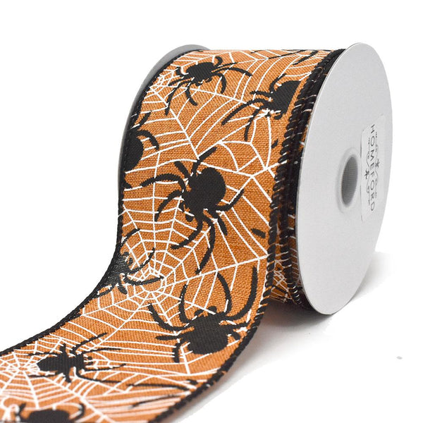 Spiders and Cobwebs Wired Ribbon, Orange, 2-1/2-Inch, 10-Yard