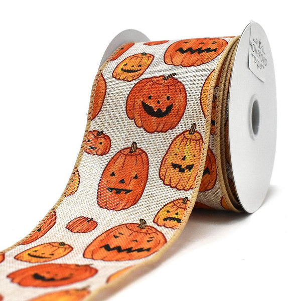 Natural Linen Jack O Lanterns Wired Ribbon, 2-1/2-Inch, 10-Yard