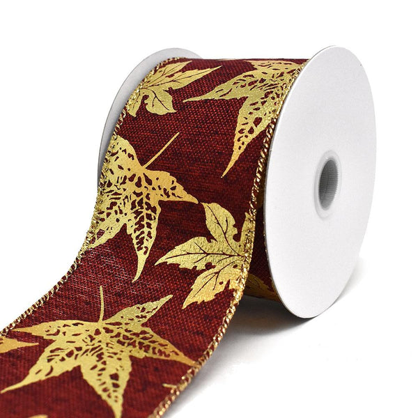 Gold Accent Fall Leaves Wired Ribbon, Red, 2-1/2-Inch, 10-Yard