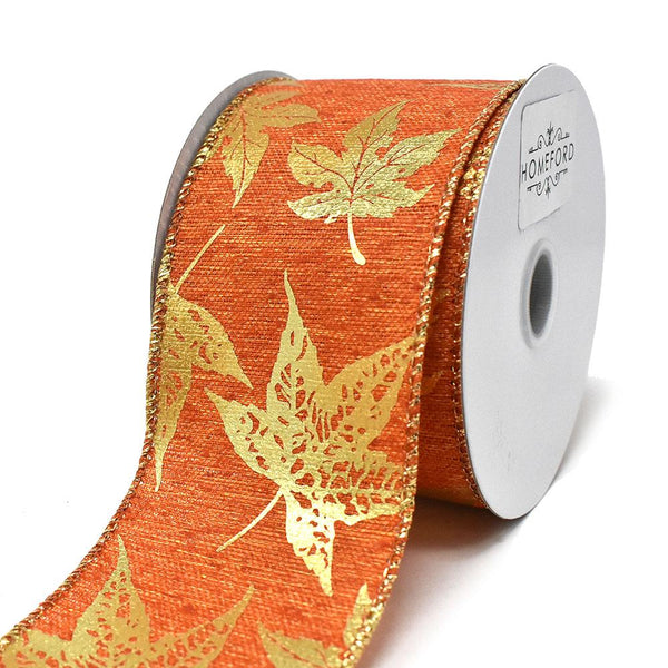 Gold Accent Fall Leaves Wired Ribbon, Orange, 2-1/2-Inch, 10-Yard