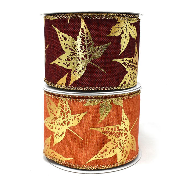 Gold Accent Fall Leaves Wired Ribbon, 2-1/2-Inch, 10-Yard